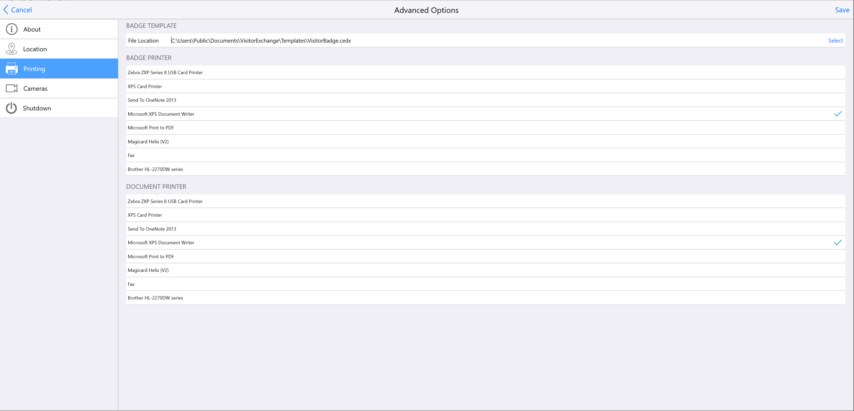 Kiosk Advanced Options Printing